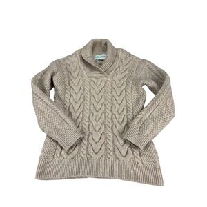 Original Aran Co Womens Beige 100% Merino Wool Cable Knit Shawl Collar Sweater M